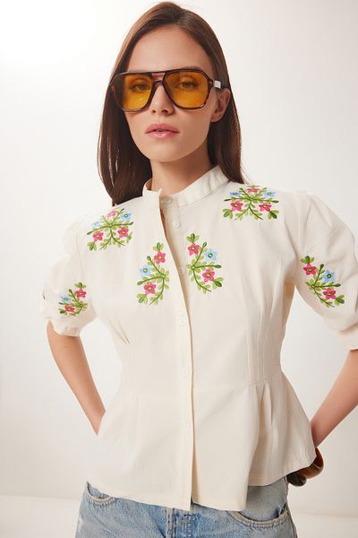 Lovelyİstanbul Cămașă din in cu broderie florală CREAM LQS0013