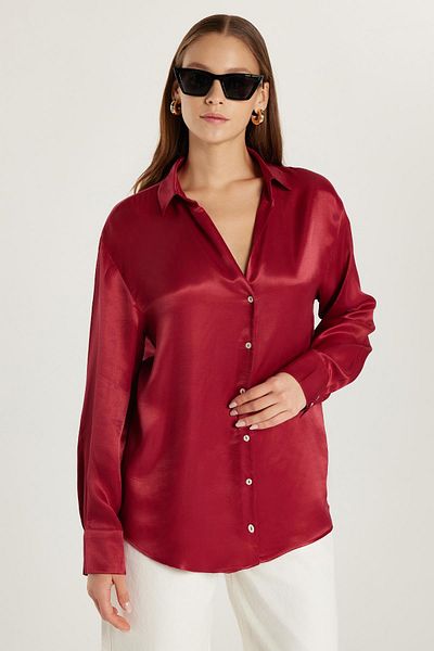 Tudors Γυναικείο Slim Fit Slim Fit Μακρυμάνικο Σατέν Μπορντό πουκάμισο