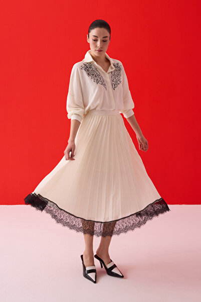 Jus De Pommes EKRU SİYAH DANTEL DETAYLI PİLİSELİ ETEK