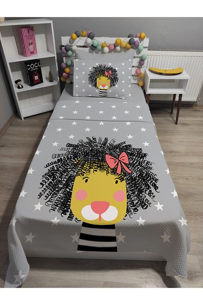 yok yok evim eve dair her şey 4 Piece Cute Lion Patterned Single Pique Bedspread Set with Elastic Sheets
