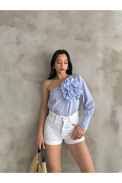 LE CARAMBOLE Women's Blue One Shoulder and Rose Detailed Blouse