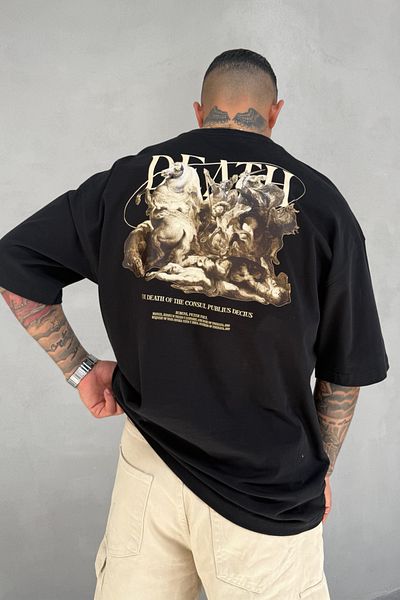 MADZEYMODA Πίσω εμπριμέ ανδρικό υπερμεγέθη μαύρο T-shirt