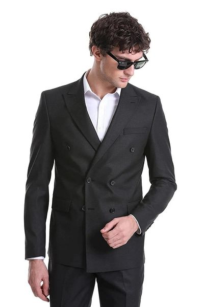 SÜVARİ Süvari Slim Fit Black Straight Double Breasted Suit