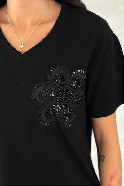 FEMELLE Tricou negru pentru femei, cu decolteu în V, cu paiete florale și cusut cu piatră, 100% bumbac