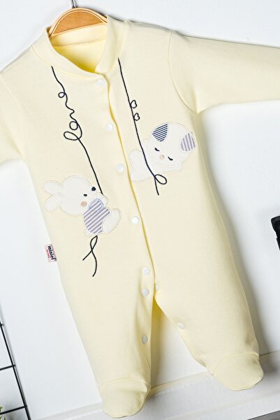 Miniel 3-6-9 Months Unisex Baby Rabbit Embroidered Organic Cotton Jumpsuit with Booties