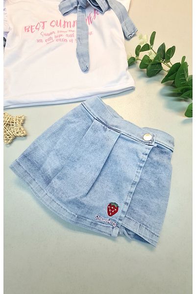 CemBebe Girl's Low Sleeve Bow Detailed Blouse Shorts Skirt Eid Suit