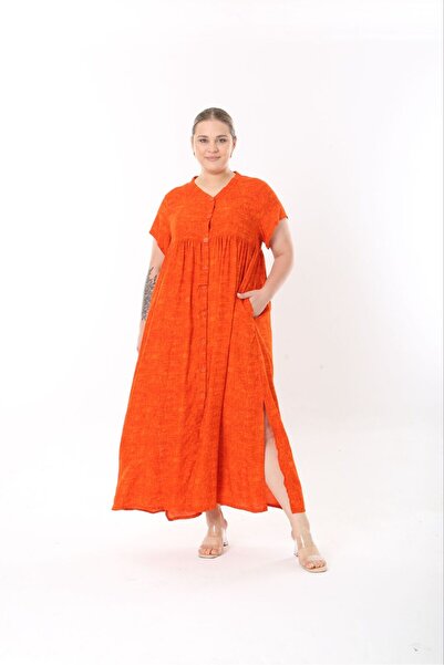 Şans Women Plus Size Orange, Woven Viscose Long Dress with Oversize Buttons Side Slit Pockets 65N38734
