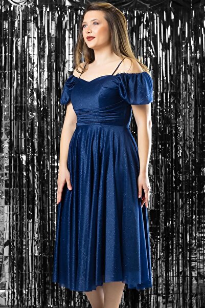 DENİMİNİ Askılı Midi Boy Parıltılı Tül Abiye Elbise DNM376