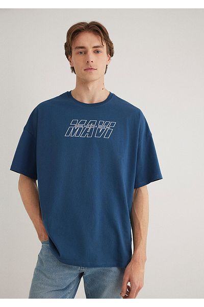 Mavi Bedrucktes marineblaues T-Shirt in Übergröße / Weit geschnitten 0611827 -89287