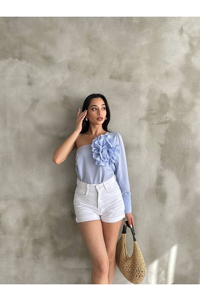 LE CARAMBOLE Women's Blue One Shoulder and Rose Detailed Blouse