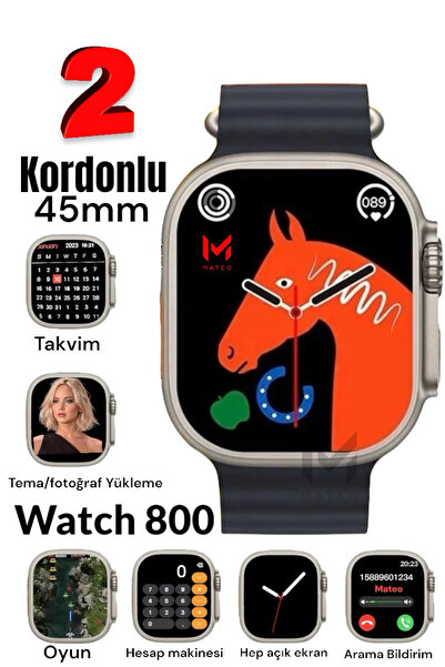 MATEO Akıllı Saat Watch 8 Ultra 45mm 1.99 Inç Türkçe Tüm Telefonlara Uyumlu Bluetooth Arama Gri Smartwatch
