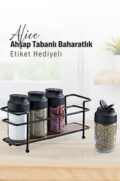 GRİMOR Life Set of 4 Glass Spice Shakers with Wooden Base and Metal Stand – Salt and Pepper Shakers with Double Lids