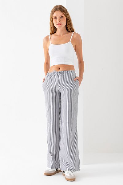 GİYSA Women's Waist Lace-Up Double Pocket Striped Trousers Gray White - Ms 0000570