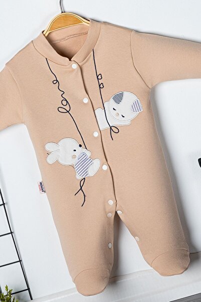 Miniel 3-6-9 Months Unisex Baby Rabbit Embroidered Organic Cotton Jumpsuit with Booties