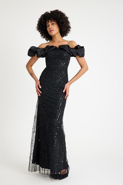 SpringStore Black Off Shoulder Beading Embroidered Evening Dress