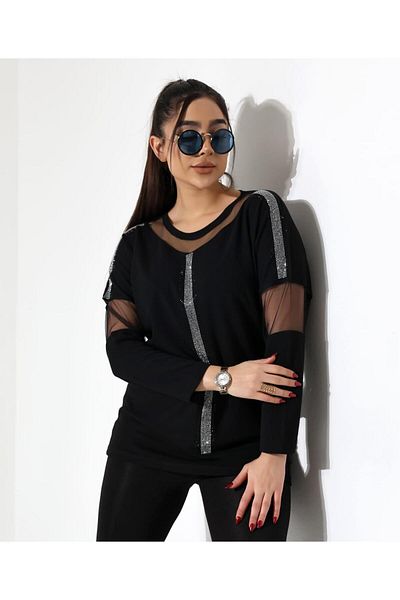 Elaxi Tulle and Stone Detailed Wide Fit Blouse
