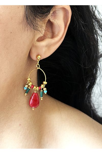 dela otantik Handmade Beaded Dangle Earrings – Authentic Ethnic Bohemian Bijouterie Jewelry with Red Stone