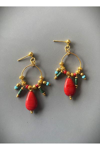 dela otantik Handmade Beaded Dangle Earrings – Authentic Ethnic Bohemian Bijouterie Jewelry with Red Stone