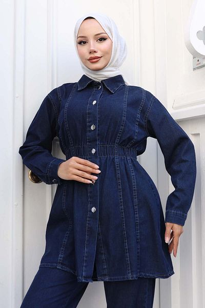 benguen Shirred Waist Denim Suit Navy Blue 4079