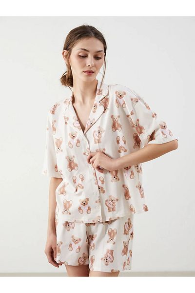 LC Waikiki Σετ πιτζάμες LCW Young Ecru πουκάμισο με γιακά αρκουδάκι με στάμπα γυναικείο σορτς