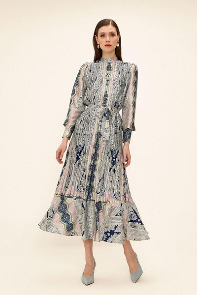 Olcay Rochie subțire din satin cu model șal plisat ALBASTRU ÎNCHIS 9343-E