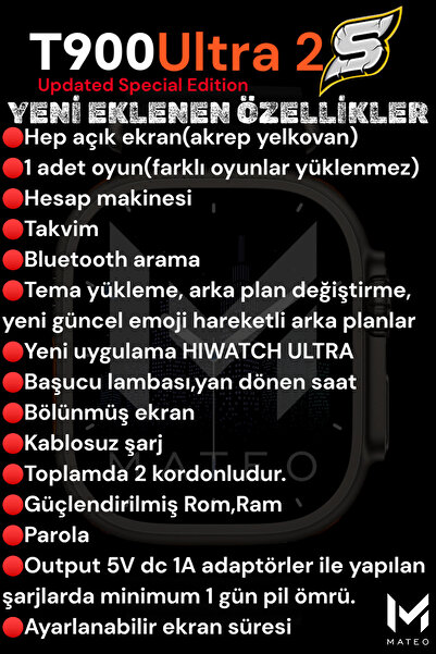 MATEO Akıllı Saat Watch 8 T900 Ultra 2s 2.3inch Arama+Ultra Pods Max Dokunmatik Bluetooth Kulaklık 2li Set