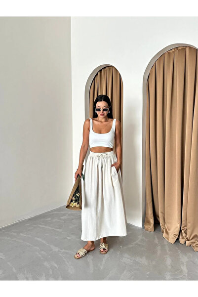 Laluvia Přírodní 100% bavlněná lněná sukně s tlustým elastickým pasem - 1142