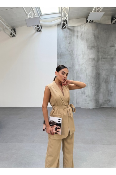 OUZ Fashion Kadın Şal Yaka Kuşaklı Yelek