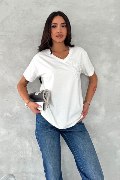 FEMELLE Women's White V-Neck Floral Sequins and Stone Stitching 100% Cotton T-Shirt