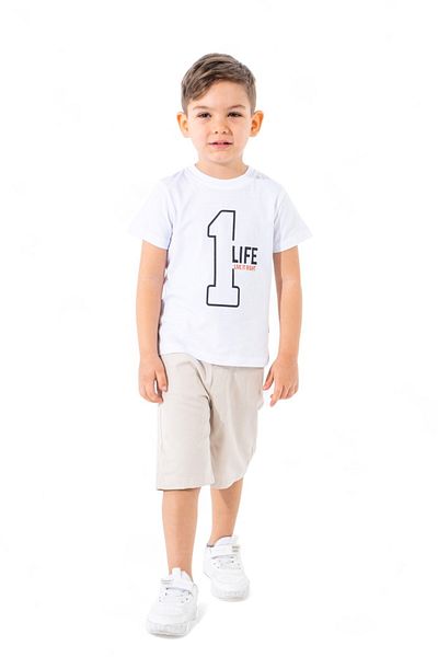 Ege Bebek Boy's Summer Printed Short Sleeve 1-8 Years Old Shirt with Linen Capri 3-Piece Stylish Holiday Suit