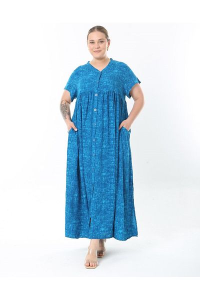 Şans Women's Plus Size Saks, Woven Viscose Oversize Button Long Dress with Side Slit Pockets 65N38734