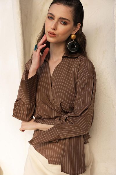 Olcay Cămașă cu dungi cu cravată laterală cu manșetă LATTE 9335