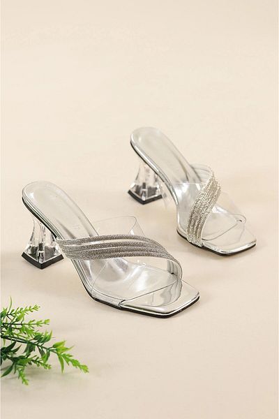 Firibu Pantofi de damă cu toc transparent cu bandă de piatră cu 3 știfturi