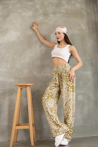 RE7EDİ Yellow White Patterned Women's Viscosa Cotton Trousers