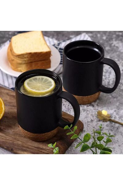 Quasar & Co. Set of 4 Coffee/Tea Mugs, ®, Travel, With To Go Lid, Cork Base, Ceramic, 400 Ml, Black