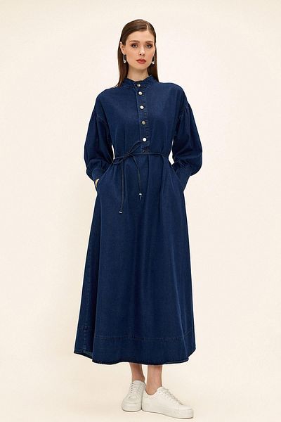 Olcay Rochie de denim oversize cu detaliu de dantelă în talie ALBASTRU ÎNCHIS 9268-E