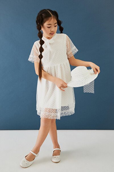 Perendi Λευκό κοριτσίστικο φόρεμα - με λεπτομέρεια καπέλου και γιακά αεροσυνοδού