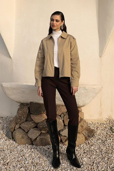 Olcay Kurze Gabardine-Jacke mit Reißverschluss BEIGE 8260