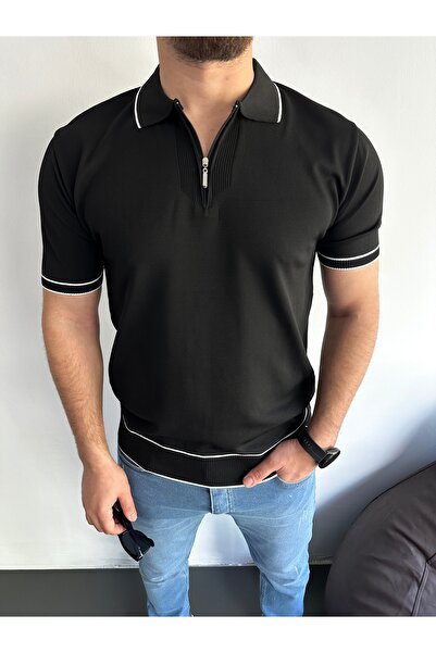 tiggirmoda Μαύρο πλεκτό μπλουζάκι με γιακά πόλο