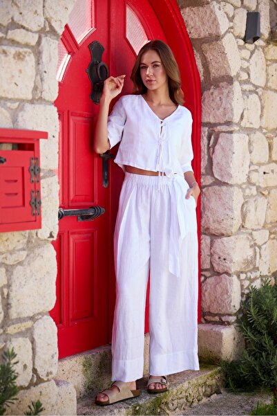 Ezgi Otantik Bol Paça Keten Pantolon - Beyaz