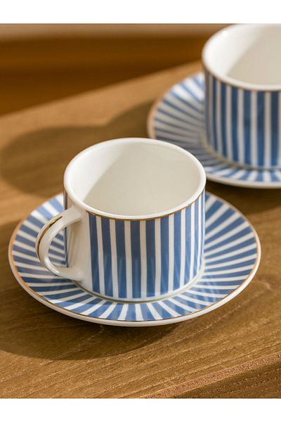 LC Waikiki Lcw Home Blue Gold Line Patterned 2-Person Coffee Cup Set 90 ml