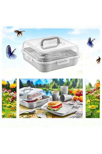 öteberi ev 32 Piece 6-Person Picnic Set with Magic Bag Gray/Pink/Cream
