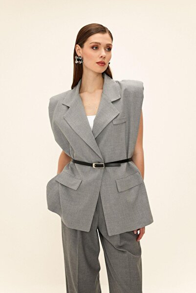 Olcay Belt Detailed Oversize Vest Gray 8261