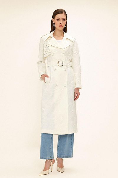 Olcay Boční zip Cape Stone Detailní podšitý třpytivý žakárový trenčkot EKRU 6725