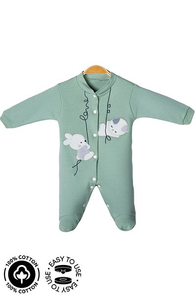 Miniel 3-6-9 Months Unisex Baby Rabbit Embroidered Organic Cotton Jumpsuit with Booties