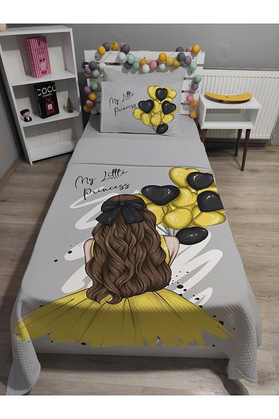 yok yok evim eve dair her şey 4 Piece Balloon Girl Patterned Elastic Sheet Single Pique Bed Cover Set
