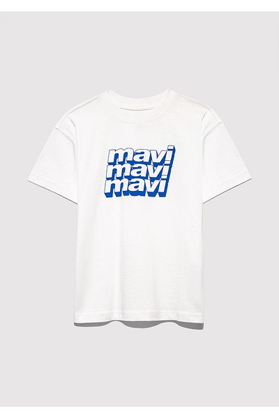 Mavi Logo Printed Ecru T-Shirt Loose Fit / Loose Relaxed Cut 6610284 -70057