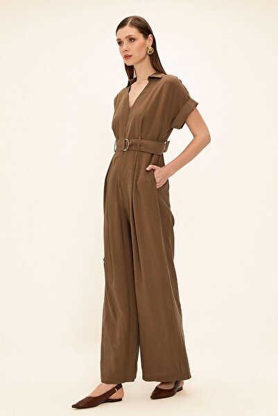 Olcay Κοντομάνικη ζώνη με λεπτομέρεια Modal Jumpsuit COFFEE 9342
