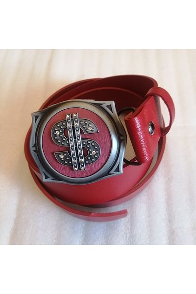 Butik Tülin Unisex Authentic Genuine Cowhide Red Gray Metallic Dollar Sign Lighter Cowboy Buckle Belt