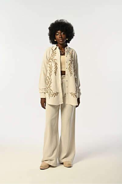 Orfeo Negro Women Natur Color Brown Embroidered Oversize Cut Shirt